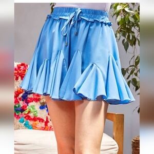 Main Strip Blue Ruffle Elasric Waisted Mini Skirt  Size M